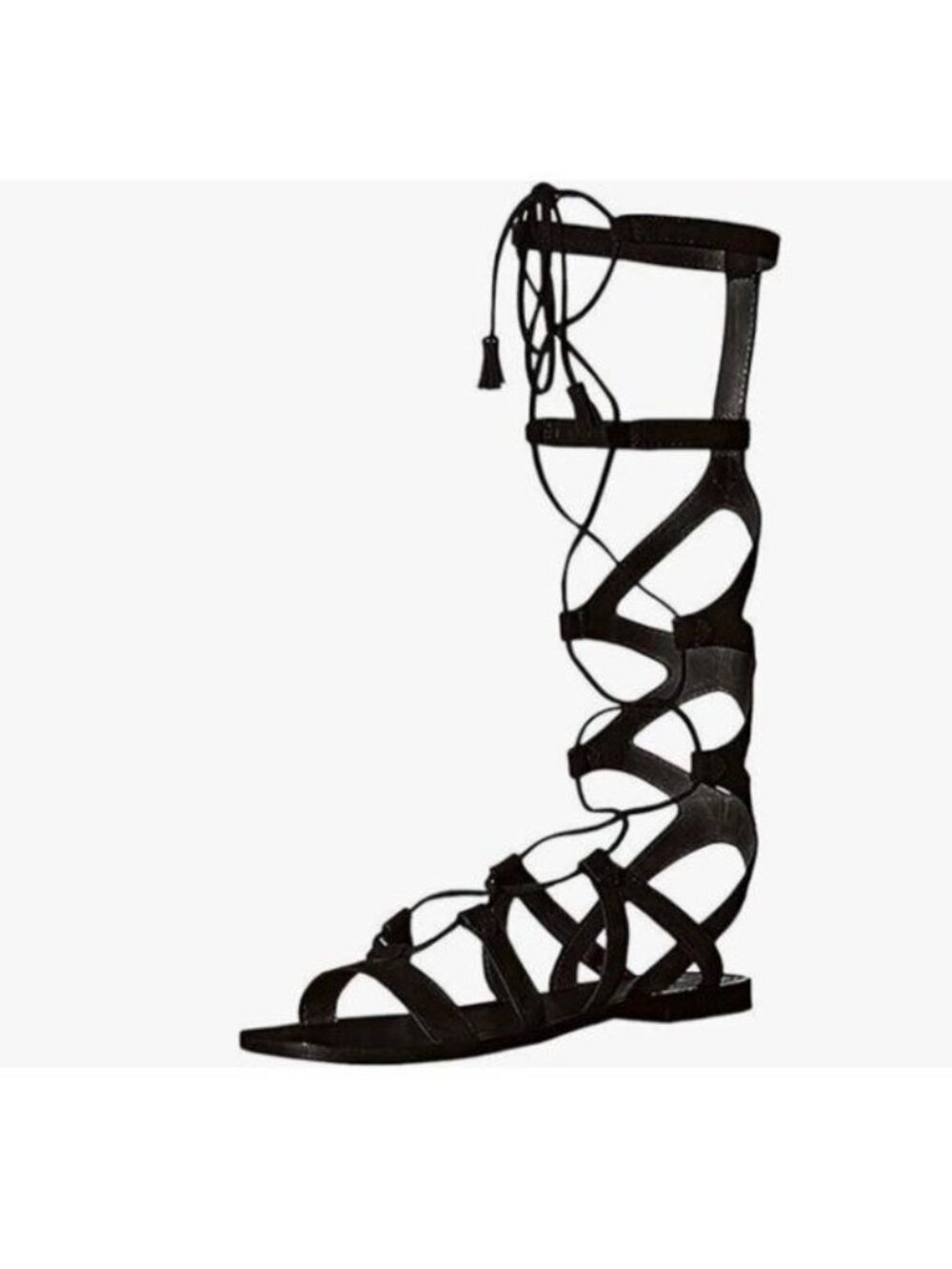 YDN Black Sexy Knee High Lace up Flats Fringe Low Heel Gladiator Strap Sandals